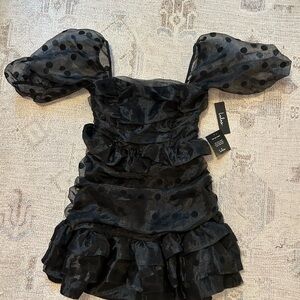 Lulu's Black Polka Dot Ruched Mini Dress with Puff Sleeves